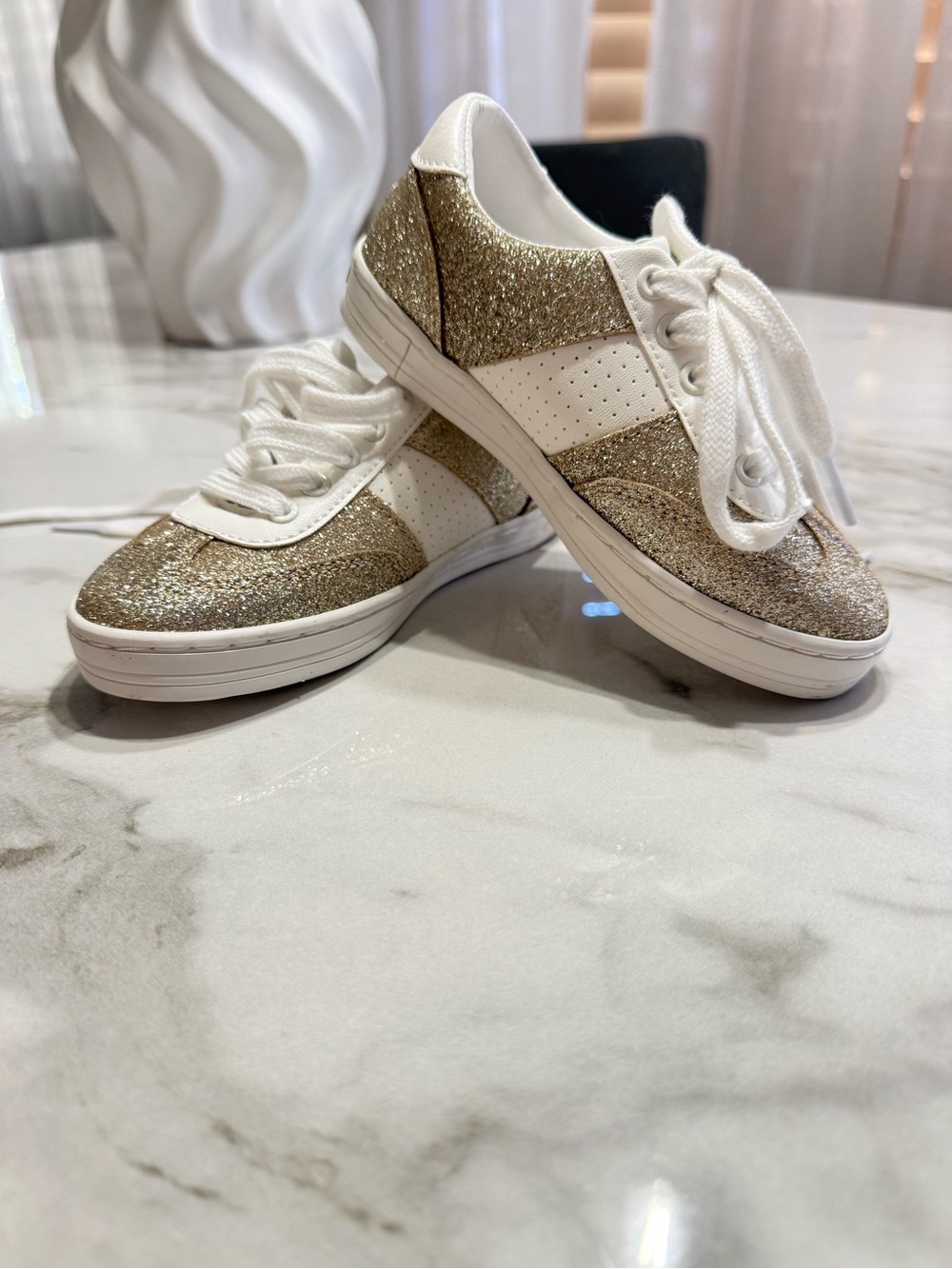 Janie and Jack Gold White Glitter Lace-Up Sneakers Unisex Kids Toddler Size 10